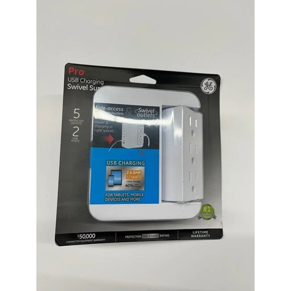 NEW General Electric 5-Outlet 2 USB Swivel Side-Access Surge Protector Tap